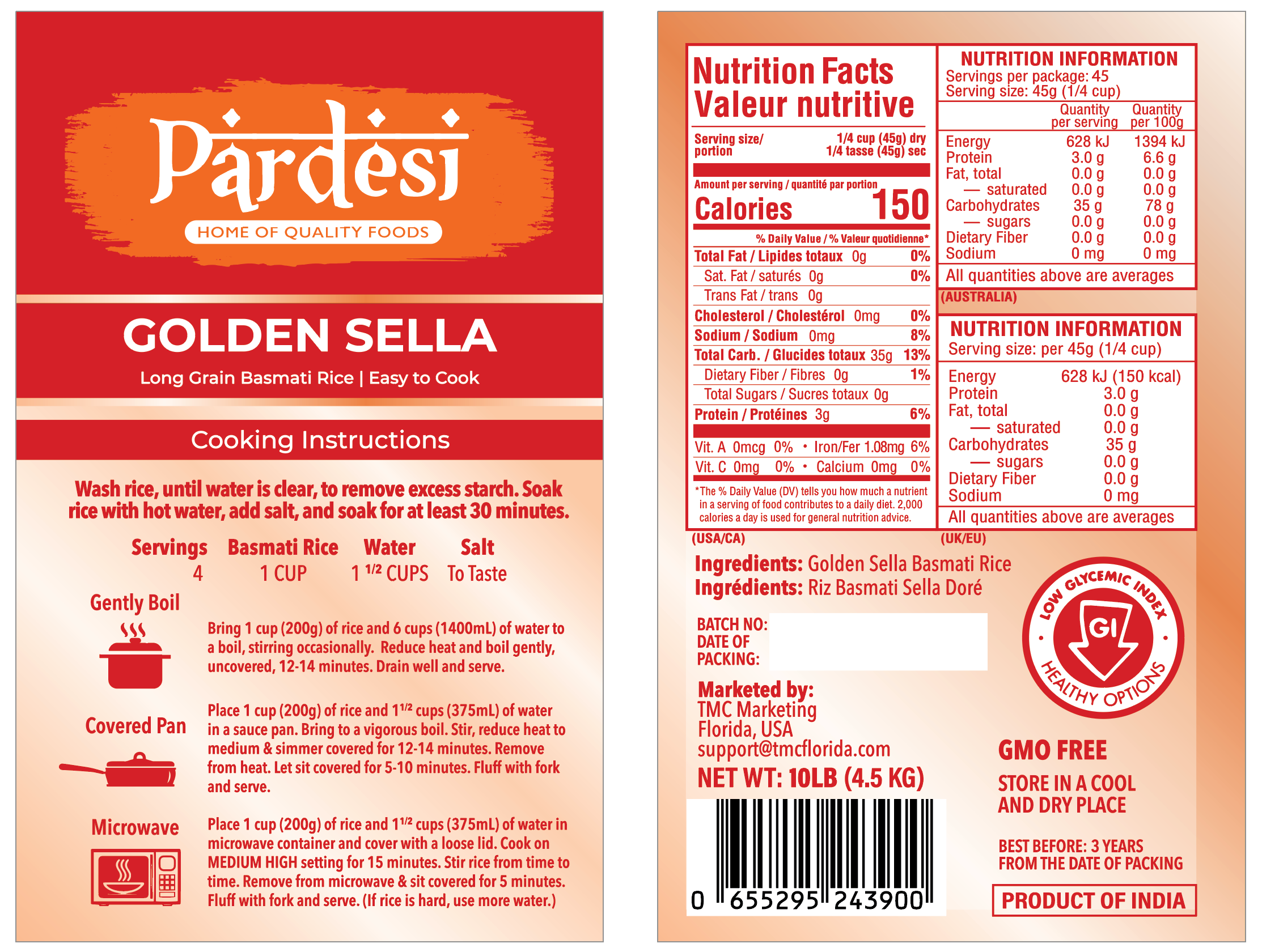 Basmati Golden Sella Parboiled Rice 10LB - Easy to Cook - Low Glycemic Index NON GMO - Made in India