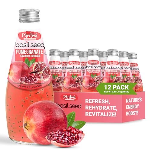 Pardesi Basil Seed Drink Pomegranate Flavor 290ml 9.8 Fl Oz | Pack of 12 (117.6 FL Oz ) | Naturally Refreshing & Cooling | Rich in Antioxidants, Fiber & Omega-3 | Real Basil Seeds for Digestive Health & Hydration.