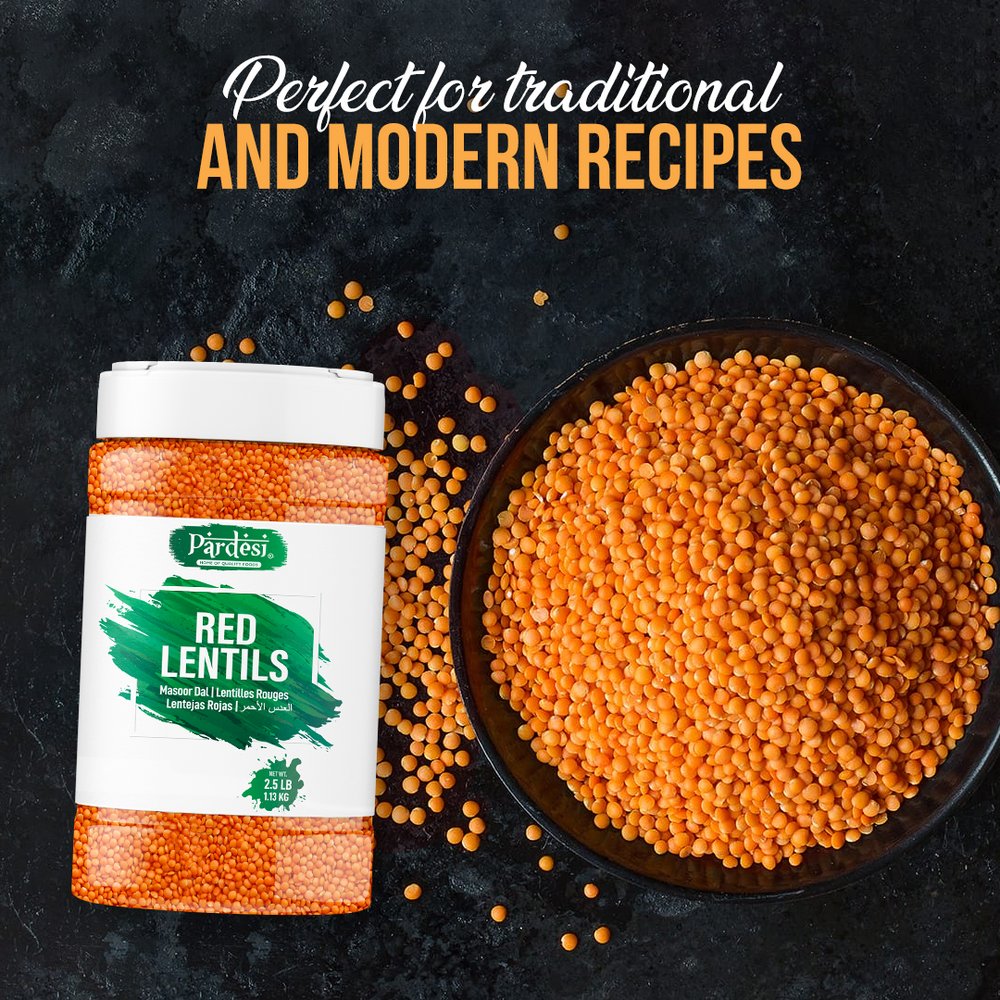 Pardesi Red Lentils, 4 LB (1.8 KG) Masoor Dal - Resealable Jar with Handle