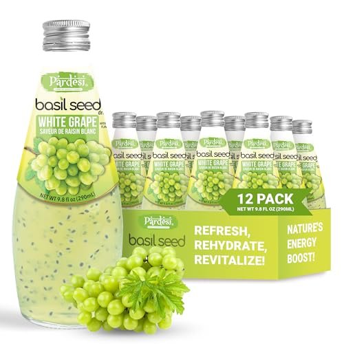 Pardesi Basil Seed Drink White Grape Flavor 290ml 9.8 Fl Oz | Pack of 12 (117.6 FL Oz ) | Naturally Refreshing & Cooling | Rich in Antioxidants, Fiber & Omega-3 | Real Basil Seeds for Digestive Health & Hydration.