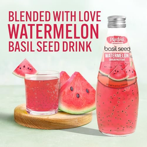 Pardesi Basil Seed Drink Watermelon Flavor 290ml 9.8 Fl Oz | Pack of 12 (117.6 FL Oz ) | Naturally Refreshing & Cooling | Rich in Antioxidants, Fiber & Omega-3 | Real Basil Seeds for Digestive Health & Hydration.