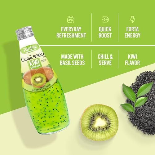 Pardesi Basil Seed Drink Kiwi Flavor 290ml 9.8 Fl Oz | Pack of 12 (117.6 FL Oz ) | Naturally Refreshing & Cooling | Rich in Antioxidants, Fiber & Omega-3 | Real Basil Seeds for Digestive Health & Hydration.