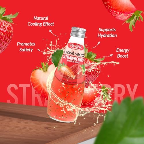 Pardesi Basil Seed Drink Strawberry Flavor 290ml 9.8 Fl Oz | Pack of 12 (117.6 FL Oz ) | Naturally Refreshing & Cooling | Rich in Antioxidants, Fiber & Omega-3 | Real Basil Seeds for Digestive Health & Hydration.