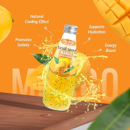 Pardesi Basil Seed Drink Mango Flavor 290ml 9.8 Fl Oz | Pack of 12 (117.6 FL Oz ) | Naturally Refreshing & Cooling | Rich in Antioxidants, Fiber & Omega-3 | Real Basil Seeds for Digestive Health & Hydration.