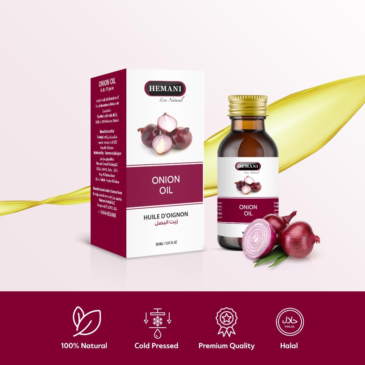 HEMANI Onion Oil Zayt al-baṣal | Allium cepa - 30ml | 100% Pure & Natural, Plant-Based Hair & Scalp Care | Nourishes & Moisturizes for Healthy-Looking Hair & Scalp | Softens, Conditions & Protects