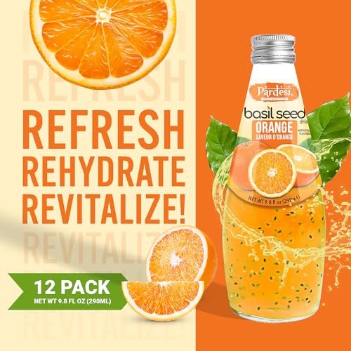 Pardesi Basil Seed Drink Orange Flavor 290ml 9.8 Fl Oz | Pack of 12 (117.6 FL Oz ) | Naturally Refreshing & Cooling | Rich in Antioxidants, Fiber & Omega-3 | Real Basil Seeds for Digestive Health & Hydration.