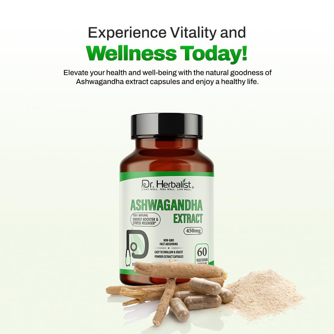 Dr. HERBALIST Ashwagandha Extract 450mg, 60 Capsules - Premium Quality, Plant-Based Supplement for Wellness & Balance | Vegan-Friendly, Gluten-Free & Non-GMO.