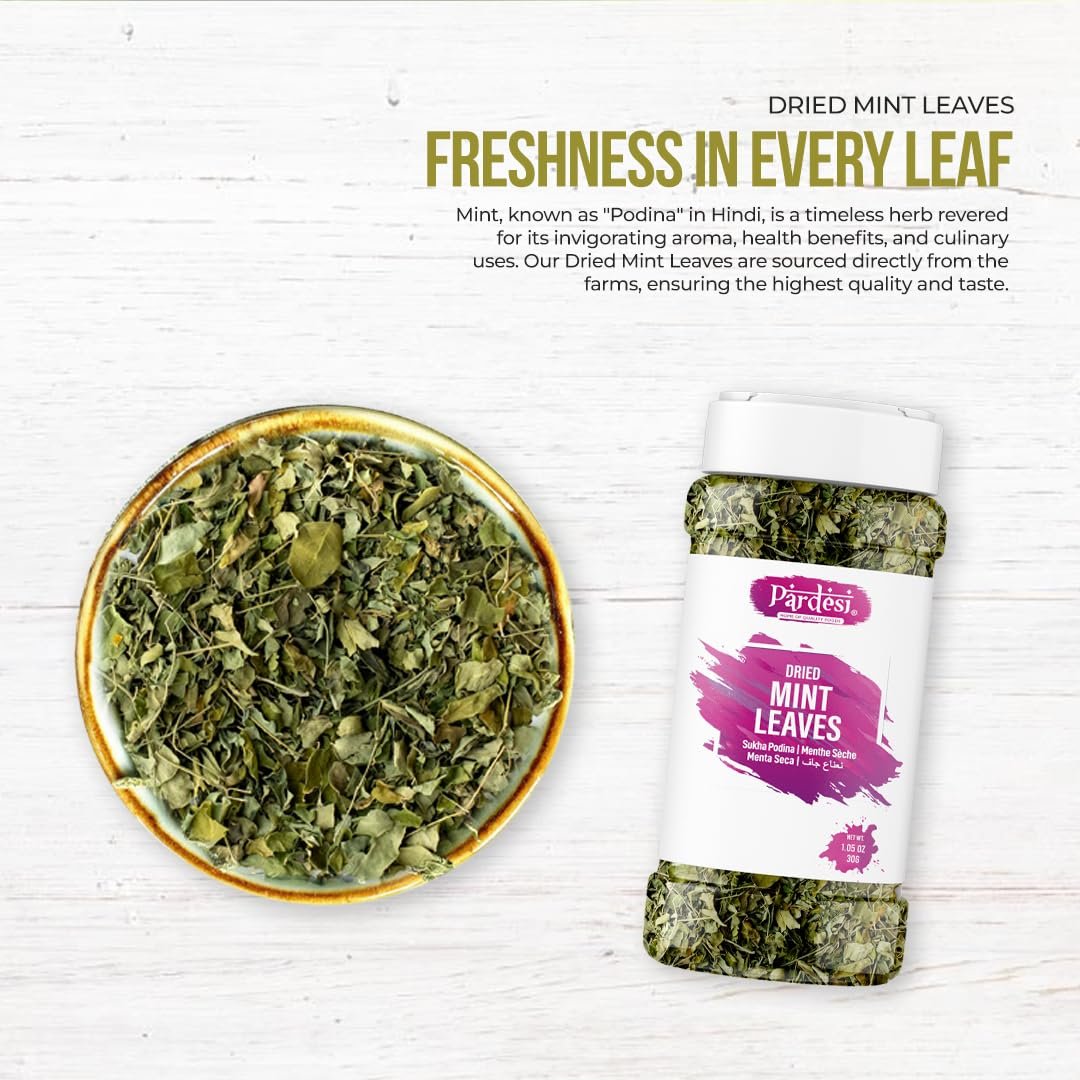 Pardesi Mint Leaves, 1.05 Oz - Fresh Dried Spearmint Herbs, Mint Spice Great for Loose Leaf Tea, Dry Mint Powder AKA Sukha Podina I Pudina I Menthe Seche I Menta Seca I Resealable Jar I No Mess I Pantry Ready