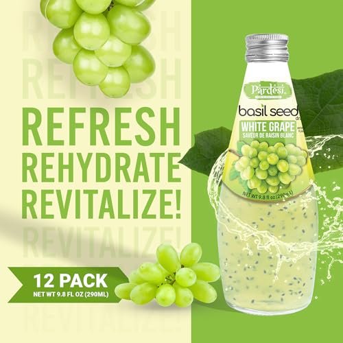 Pardesi Basil Seed Drink White Grape Flavor 290ml 9.8 Fl Oz | Pack of 12 (117.6 FL Oz ) | Naturally Refreshing & Cooling | Rich in Antioxidants, Fiber & Omega-3 | Real Basil Seeds for Digestive Health & Hydration.