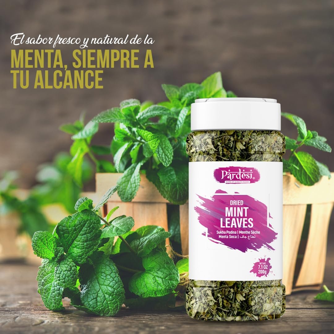 Pardesi Mint Leaves, 1.05 Oz - Fresh Dried Spearmint Herbs, Mint Spice Great for Loose Leaf Tea, Dry Mint Powder AKA Sukha Podina I Pudina I Menthe Seche I Menta Seca I Resealable Jar I No Mess I Pantry Ready