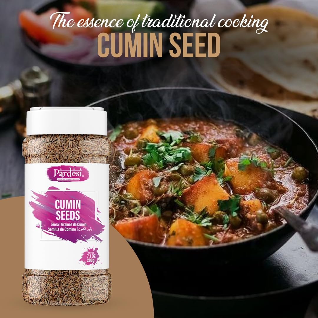 Pardesi Cumin Seeds 200g | Organic, Natural & Premium Quality | Jeera, Cuminum Cyminum | Earthy Flavor & Warm Aroma | Versatile Spice for Indian, Mexican & Middle Eastern Cuisine.