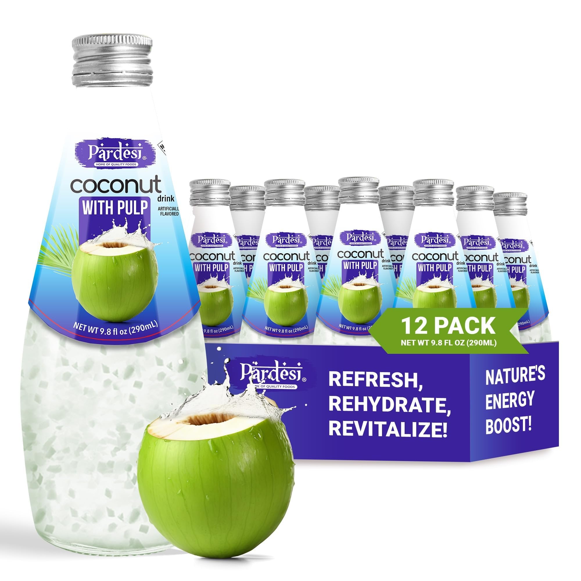 Pardesi Coconut Water with Pulp Flavor 290ml 9.8 Fl Oz | Pack of 12 (117.6 FL Oz) | Naturally Refreshing, Cooling & Hydrating Coconut Water with Coconut Pulp, Rich in Antioxidants, Fiber & Omega-3