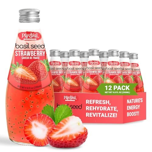 Pardesi Basil Seed Drink Strawberry Flavor 290ml 9.8 Fl Oz | Pack of 12 (117.6 FL Oz ) | Naturally Refreshing & Cooling | Rich in Antioxidants, Fiber & Omega-3 | Real Basil Seeds for Digestive Health & Hydration.