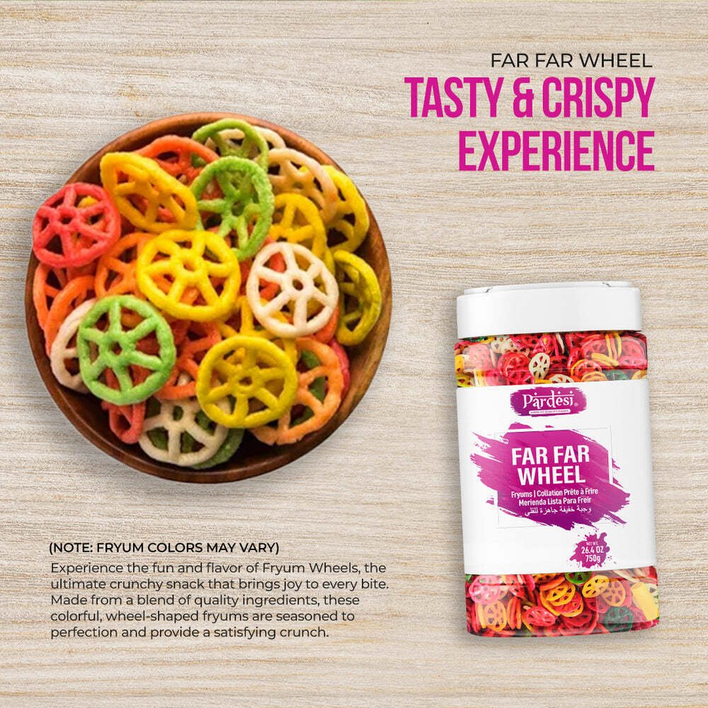 Pardesi Far Far Fryum Wheel Shape, 26.4 OZ (750g) - Puffed Snack - Ready to Fry