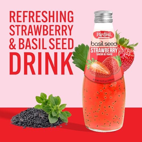 Pardesi Basil Seed Drink Strawberry Flavor 290ml 9.8 Fl Oz | Pack of 12 (117.6 FL Oz ) | Naturally Refreshing & Cooling | Rich in Antioxidants, Fiber & Omega-3 | Real Basil Seeds for Digestive Health & Hydration.