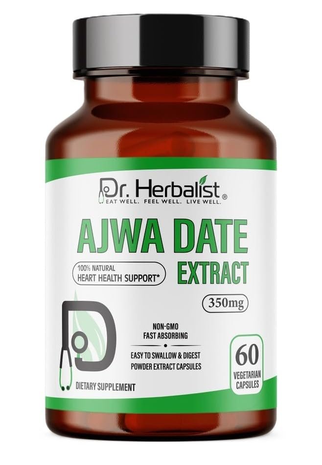 Dr. HERBALIST Ajwa Date Extract Phoenix Dactylifera Capsules - 350mg, 60 Count | Fast Absorbing, Vegetarian | Boosts Energy, Supports Heart Health & Digestive Wellbeing, Rich in Antioxidants.