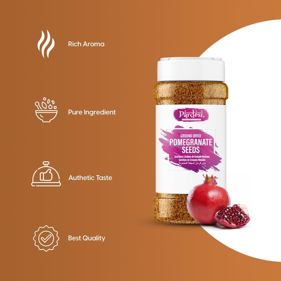 Pardesi Pomegranate Powder - Dried Seeds Ground - 200g - Authentic Indian Spice, Sustainable Sourced, Hand-Selected - Perfect for Cooking, Baking, Curries & Traditional Recipes.