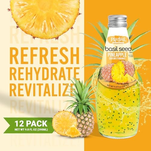 Pardesi Basil Seed Drink Pineapple Flavor 290ml 9.8 Fl Oz | Pack of 12 (117.6 FL Oz ) | Naturally Refreshing & Cooling | Rich in Antioxidants, Fiber & Omega-3 | Real Basil Seeds for Digestive Health & Hydration.