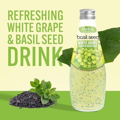 Pardesi Basil Seed Drink White Grape Flavor 290ml 9.8 Fl Oz | Pack of 12 (117.6 FL Oz ) | Naturally Refreshing & Cooling | Rich in Antioxidants, Fiber & Omega-3 | Real Basil Seeds for Digestive Health & Hydration.