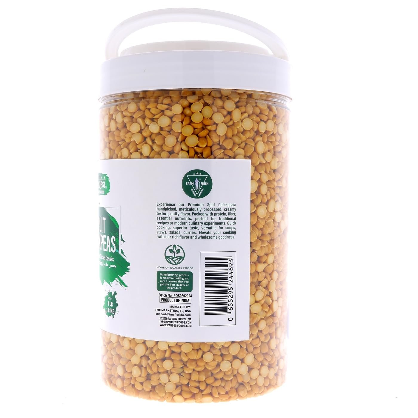 Pardesi Split Desi Chickpeas without skin 64oz (4 LB) 1.8 KG - Chana Dal - Resealable Jar Packaging with Handle | All Natural | NON-GMO | Vegan | Indian Origin AKA Pois Chiches Fendus | No Mess No Spills | Easy to store | Pantry Ready