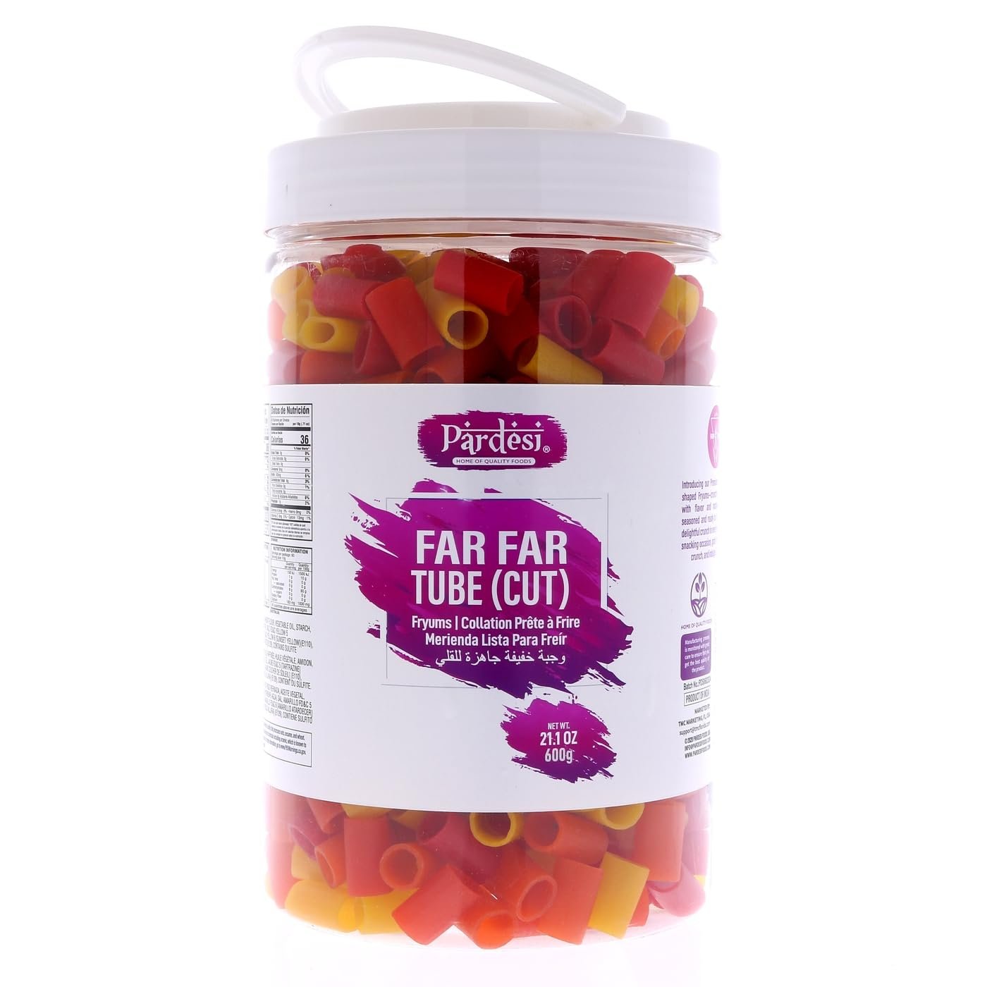 Pardesi Far Far Fryum, 26.4 OZ (750g) Jar I Puffed Snack I Ready to Fry I Fried Snacks (Tube Cut Shape) I Jar with Handle I No mess I Pantry ready I From India