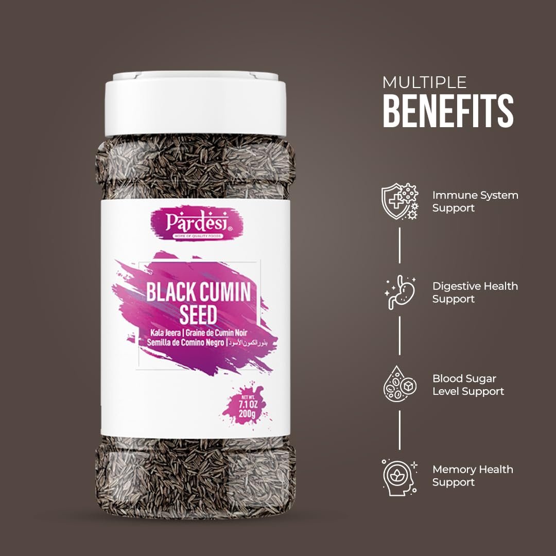 Pardesi Bitter Black Cumin Seeds 180 g (Kala Jeera / Kalijiri / Kali Jeeri) - Premium Centratherum Anthelminticum- Rare Spice from Himalayas - Aromatic & Earthy Flavor - Enhance Indian, Middle Eastern & Mediterranean Dishes - 100% Pure & Natural