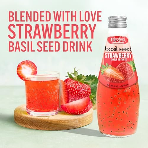 Pardesi Basil Seed Drink Strawberry Flavor 290ml 9.8 Fl Oz | Pack of 12 (117.6 FL Oz ) | Naturally Refreshing & Cooling | Rich in Antioxidants, Fiber & Omega-3 | Real Basil Seeds for Digestive Health & Hydration.