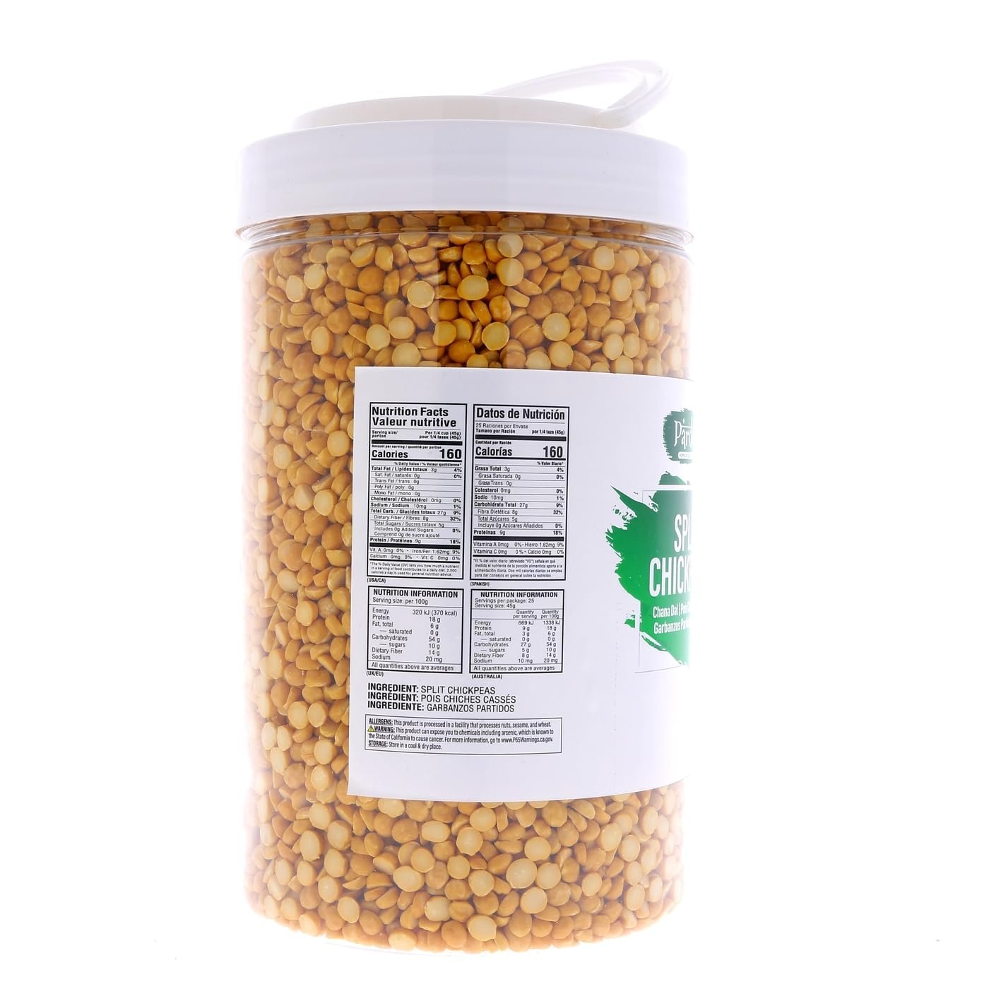 Pardesi Split Desi Chickpeas without skin 64oz (4 LB) 1.8 KG - Chana Dal - Resealable Jar Packaging with Handle | All Natural | NON-GMO | Vegan | Indian Origin AKA Pois Chiches Fendus | No Mess No Spills | Easy to store | Pantry Ready