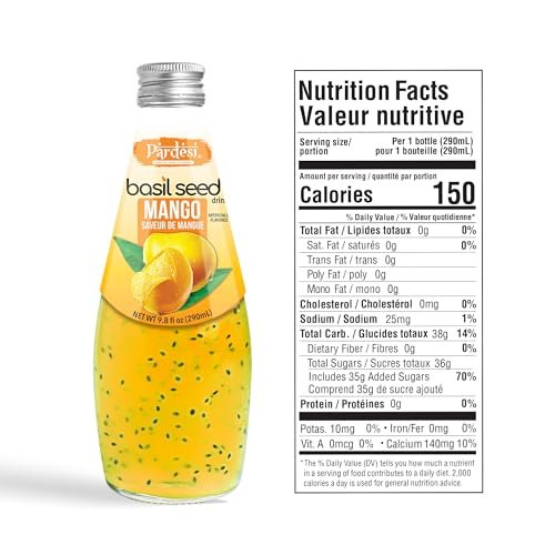 Pardesi Basil Seed Drink Mango Flavor 290ml 9.8 Fl Oz | Pack of 12 (117.6 FL Oz ) | Naturally Refreshing & Cooling | Rich in Antioxidants, Fiber & Omega-3 | Real Basil Seeds for Digestive Health & Hydration.