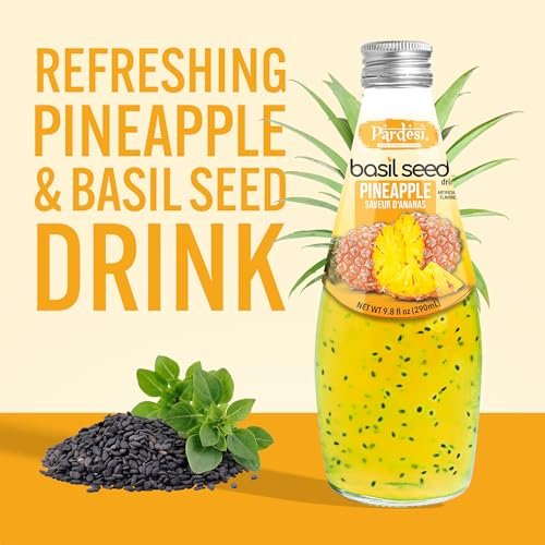 Pardesi Basil Seed Drink Pineapple Flavor 290ml 9.8 Fl Oz | Pack of 12 (117.6 FL Oz ) | Naturally Refreshing & Cooling | Rich in Antioxidants, Fiber & Omega-3 | Real Basil Seeds for Digestive Health & Hydration.