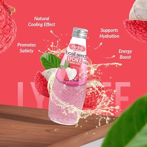 Pardesi Basil Seed Drink Lychee Flavor 290ml 9.8 Fl Oz | Pack of 12 (117.6 FL Oz ) | Naturally Refreshing & Cooling | Rich in Antioxidants, Fiber & Omega-3 | Real Basil Seeds for Digestive Health & Hydration.