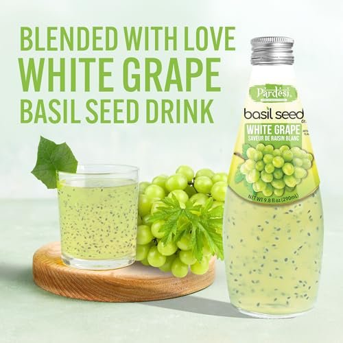 Pardesi Basil Seed Drink White Grape Flavor 290ml 9.8 Fl Oz | Pack of 12 (117.6 FL Oz ) | Naturally Refreshing & Cooling | Rich in Antioxidants, Fiber & Omega-3 | Real Basil Seeds for Digestive Health & Hydration.