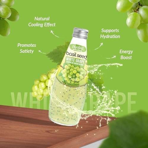 Pardesi Basil Seed Drink White Grape Flavor 290ml 9.8 Fl Oz | Pack of 12 (117.6 FL Oz ) | Naturally Refreshing & Cooling | Rich in Antioxidants, Fiber & Omega-3 | Real Basil Seeds for Digestive Health & Hydration.