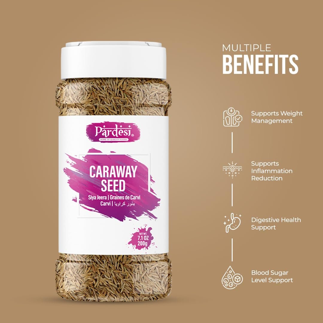 Pardesi Whole Caraway Seeds 180g - Carum Carvi, Meridian Fennel, Persian Cumin - Rich in Fiber, Vitamins, Minerals, Protein & Essential Nutrients for Healthy Digestion.