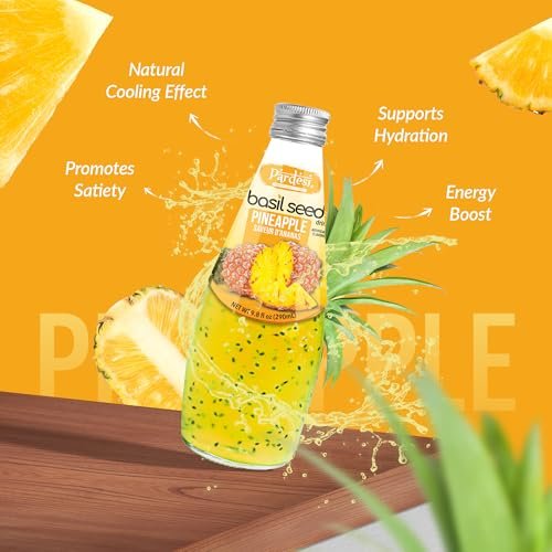 Pardesi Basil Seed Drink Pineapple Flavor 290ml 9.8 Fl Oz | Pack of 12 (117.6 FL Oz ) | Naturally Refreshing & Cooling | Rich in Antioxidants, Fiber & Omega-3 | Real Basil Seeds for Digestive Health & Hydration.