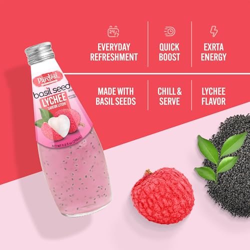 Pardesi Basil Seed Drink Lychee Flavor 290ml 9.8 Fl Oz | Pack of 12 (117.6 FL Oz ) | Naturally Refreshing & Cooling | Rich in Antioxidants, Fiber & Omega-3 | Real Basil Seeds for Digestive Health & Hydration.