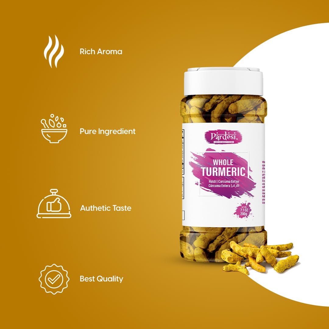 Pardesi Turmeric Whole Roots Dried 200g Jar - Sustainable Sourced, Hand-Selected Spice, Culinary Grade, Perfect for Curries, Soups, Stews, Tea and Baking