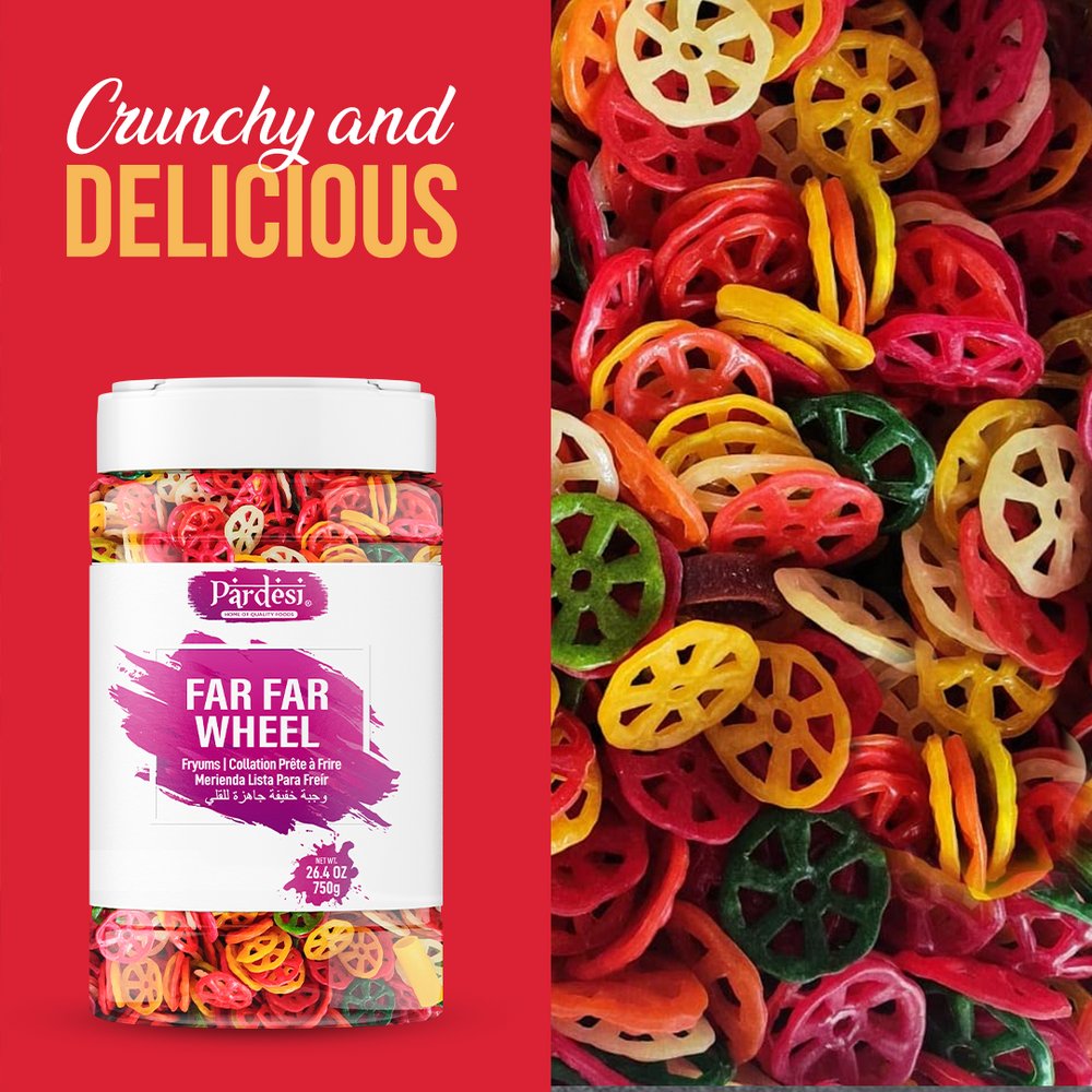 Pardesi Far Far Fryum Wheel Shape, 26.4 OZ (750g) - Puffed Snack - Ready to Fry