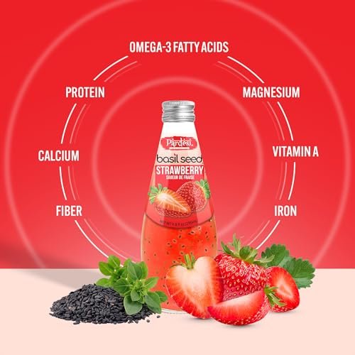 Pardesi Basil Seed Drink Strawberry Flavor 290ml 9.8 Fl Oz | Pack of 12 (117.6 FL Oz ) | Naturally Refreshing & Cooling | Rich in Antioxidants, Fiber & Omega-3 | Real Basil Seeds for Digestive Health & Hydration.