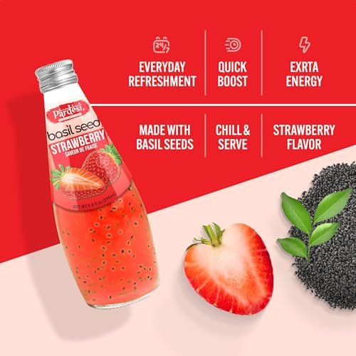 Pardesi Basil Seed Drink Strawberry Flavor 290ml 9.8 Fl Oz | Pack of 12 (117.6 FL Oz ) | Naturally Refreshing & Cooling | Rich in Antioxidants, Fiber & Omega-3 | Real Basil Seeds for Digestive Health & Hydration.