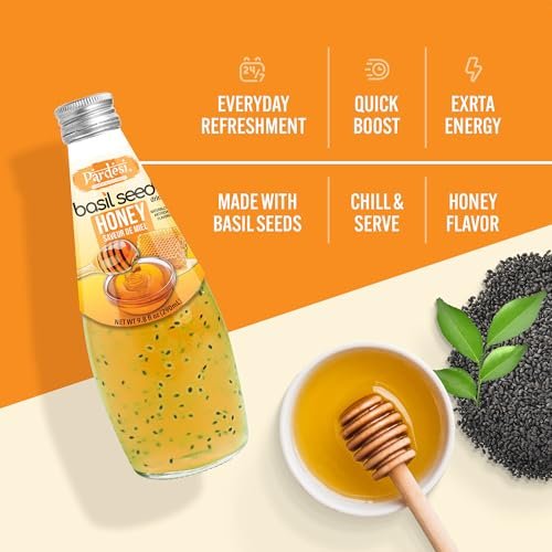 Pardesi Basil Seed Drink Honey Flavor 290ml 9.8 Fl Oz | Pack of 12 (117.6 FL Oz ) | Naturally Refreshing & Cooling | Rich in Antioxidants, Fiber & Omega-3 | Real Basil Seeds for Digestive Health & Hydration.