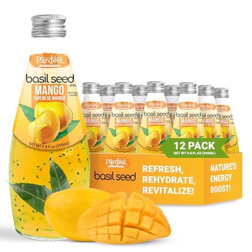 Pardesi Basil Seed Drink Mango Flavor 290ml 9.8 Fl Oz | Pack of 12 (117.6 FL Oz ) | Naturally Refreshing & Cooling | Rich in Antioxidants, Fiber & Omega-3 | Real Basil Seeds for Digestive Health & Hydration.