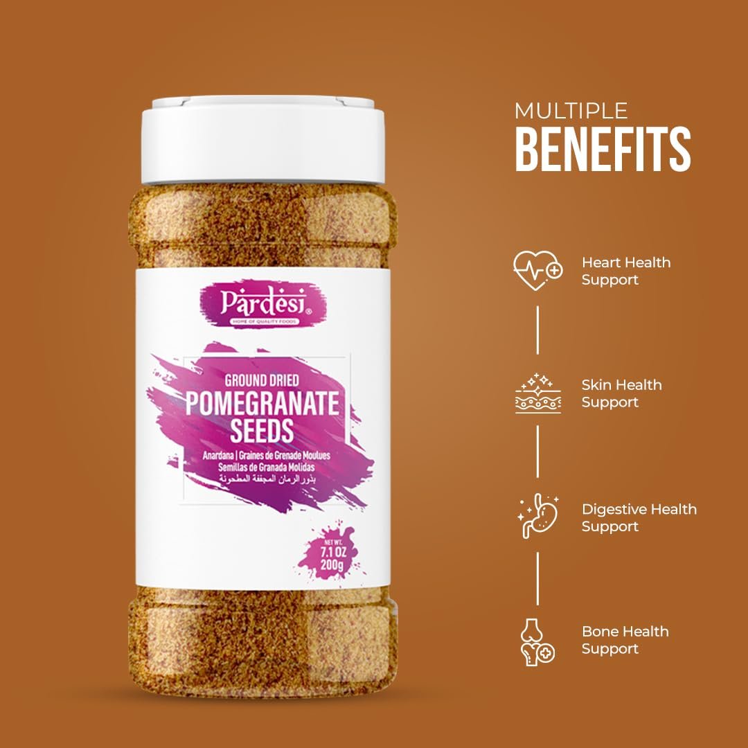 Pardesi Pomegranate Powder - Dried Seeds Ground - 200g - Authentic Indian Spice, Sustainable Sourced, Hand-Selected - Perfect for Cooking, Baking, Curries & Traditional Recipes.