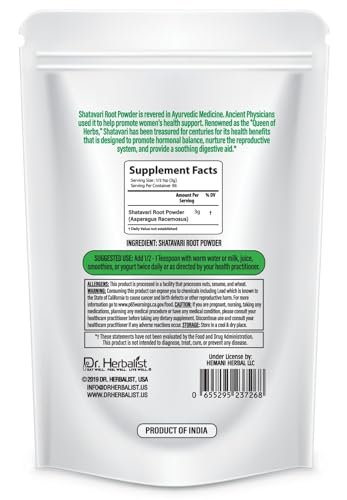 Dr. HERBALIST Shatavari Powder, Asparagus racemosus, 7.1 Oz (200G), Ayurvedic Herb for Vata & Pitta, Balanced Female Health Support, Vitality, Non-GMO, Vegan, Resealable Bag