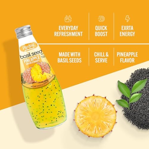 Pardesi Basil Seed Drink Pineapple Flavor 290ml 9.8 Fl Oz | Pack of 12 (117.6 FL Oz ) | Naturally Refreshing & Cooling | Rich in Antioxidants, Fiber & Omega-3 | Real Basil Seeds for Digestive Health & Hydration.