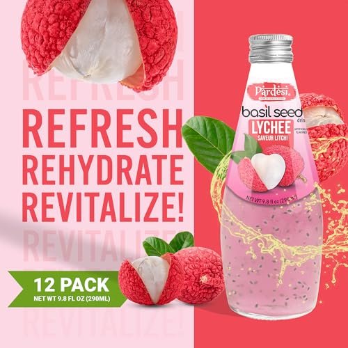 Pardesi Basil Seed Drink Lychee Flavor 290ml 9.8 Fl Oz | Pack of 12 (117.6 FL Oz ) | Naturally Refreshing & Cooling | Rich in Antioxidants, Fiber & Omega-3 | Real Basil Seeds for Digestive Health & Hydration.