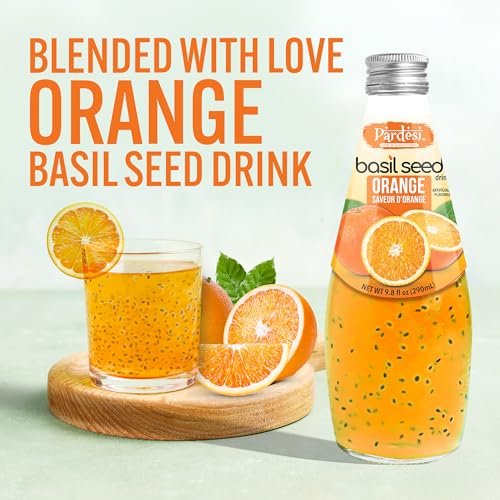 Pardesi Basil Seed Drink Orange Flavor 290ml 9.8 Fl Oz | Pack of 12 (117.6 FL Oz ) | Naturally Refreshing & Cooling | Rich in Antioxidants, Fiber & Omega-3 | Real Basil Seeds for Digestive Health & Hydration.