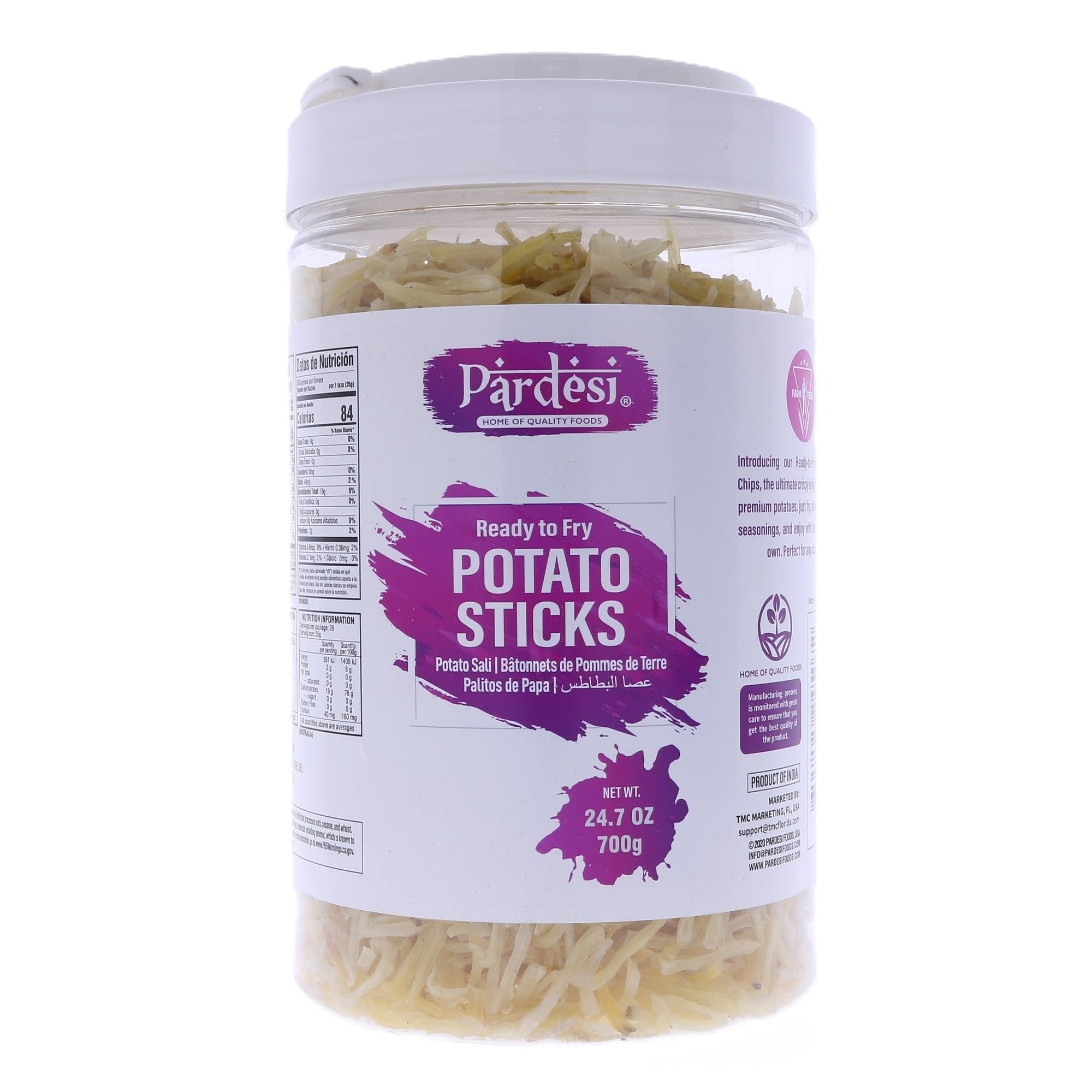 Pardesi Far Far/Fryums Potato Stick/Potato Sali, 24.07 OZ (700g) Jar I Uncooked Chip Snack I Ready to Fry I Crunchy Snack I Perfect for Parties I Indian Snack I Vegan Friendly