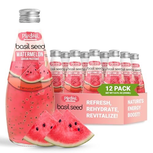 Pardesi Basil Seed Drink Watermelon Flavor 290ml 9.8 Fl Oz | Pack of 12 (117.6 FL Oz ) | Naturally Refreshing & Cooling | Rich in Antioxidants, Fiber & Omega-3 | Real Basil Seeds for Digestive Health & Hydration.