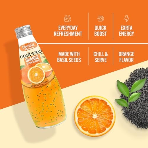 Pardesi Basil Seed Drink Orange Flavor 290ml 9.8 Fl Oz | Pack of 12 (117.6 FL Oz ) | Naturally Refreshing & Cooling | Rich in Antioxidants, Fiber & Omega-3 | Real Basil Seeds for Digestive Health & Hydration.